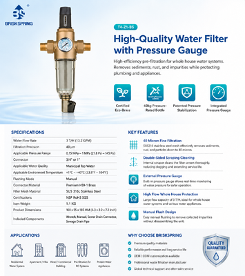BriskSpring Whole House Manual Flush Water Filter With 40 Micron Stainless Steel Mesh Integrated Pressure Gauge and Premium H59-1 Brass Connector