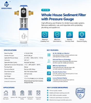 BriskSpring N1-2C-BS Whole House Sediment Pre-Filter with 40 Micron Filtration and SUS316L Stainless Steel Mesh