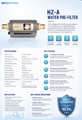BriskSpring HZ-A 7 T/H 40 Micron Whole House Sediment Pre Filter with 360 Degree Swivel Installation