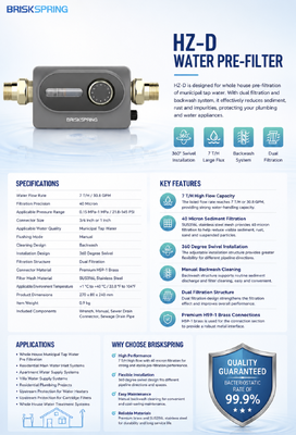 BriskSpring HZ-D 40 Micron Whole House Sediment Pre Filter with 7 T/H Flow and 360 Degree Swivel Installation