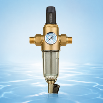 BriskSpring Whole House Manual Flush Water Filter With 40 Micron Stainless Steel Mesh Integrated Pressure Gauge and Premium H59-1 Brass Connector